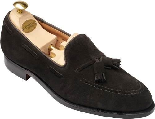 Black suede tassel loafer with wooden shoe tree